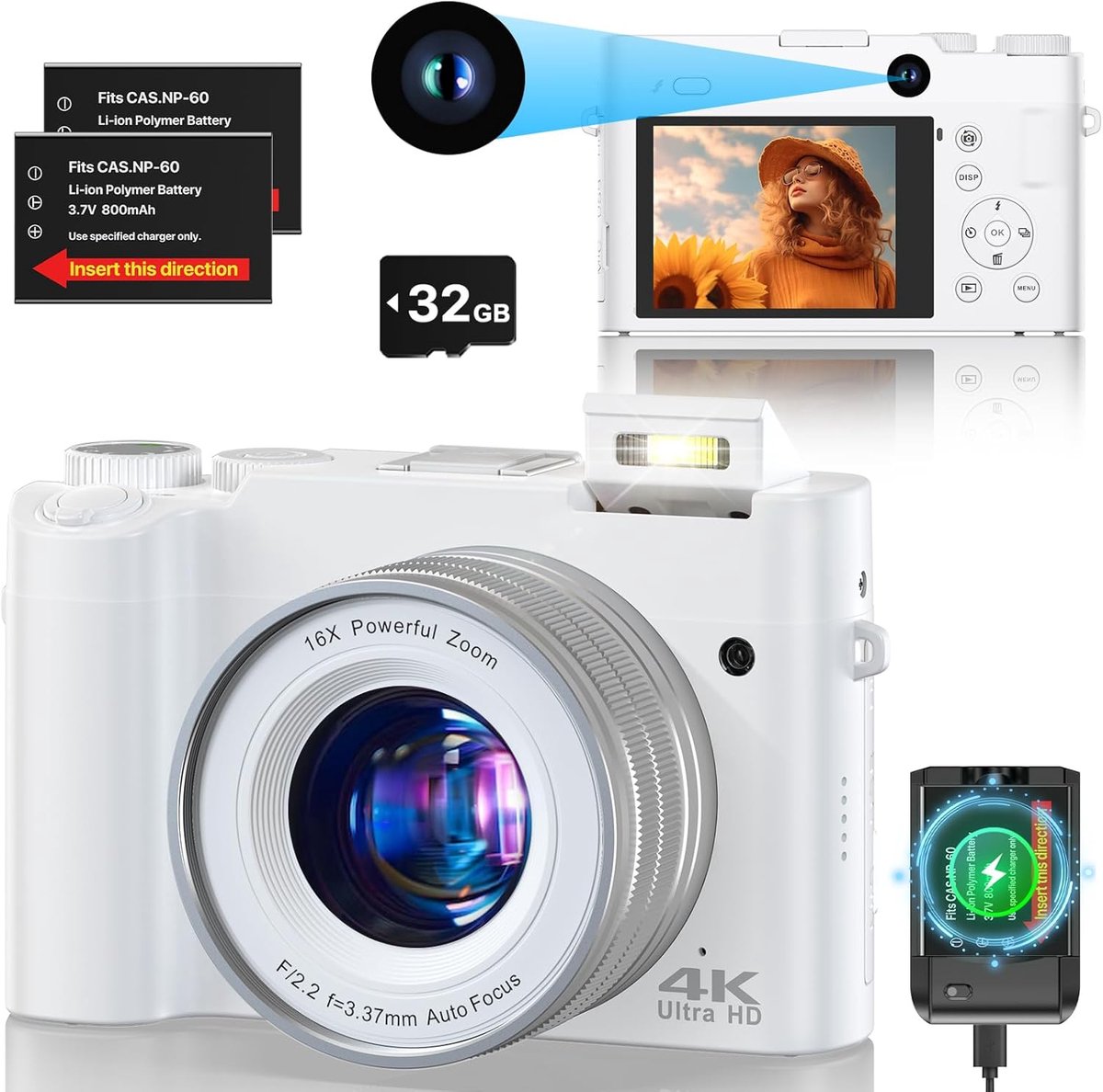 Digitale camera 4K 64MP - Wit - Dual camera met 16x digitale zoom - Ideaal voor vloggen - ShopVlot