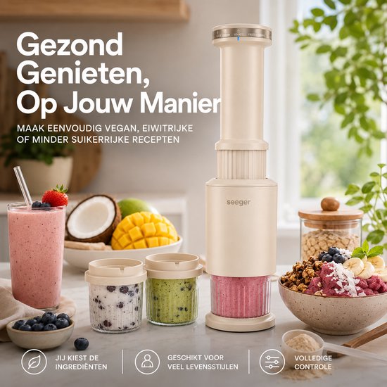 Seeger CompactCream - 5-in-1 IJsmachine - Inclusief 3 Bekers met Deksels - Gemakkelijk op te bergen - Voor IJs, Sorbet en meer - BPA-vrij - Beige van Seeger — afbeelding 2