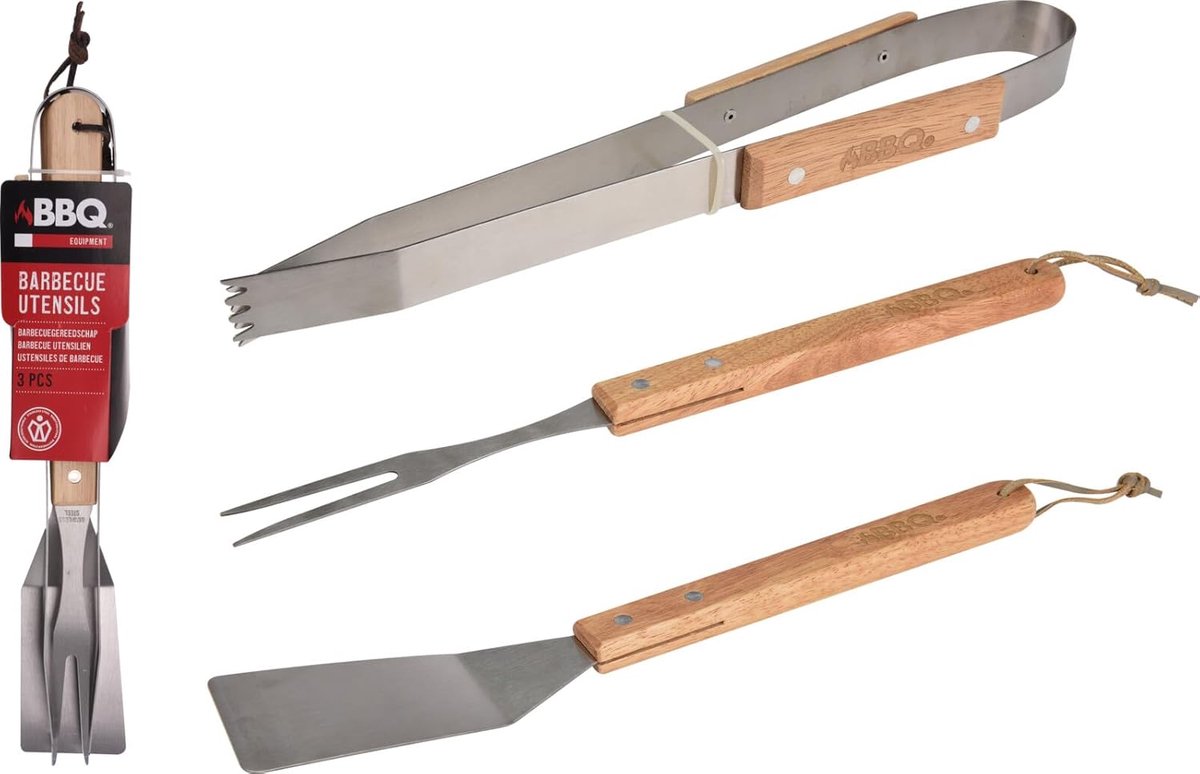 Barbecue set 3-delig - RVS - FSC houten handvat - Perfect voor grillen - ShopVlot