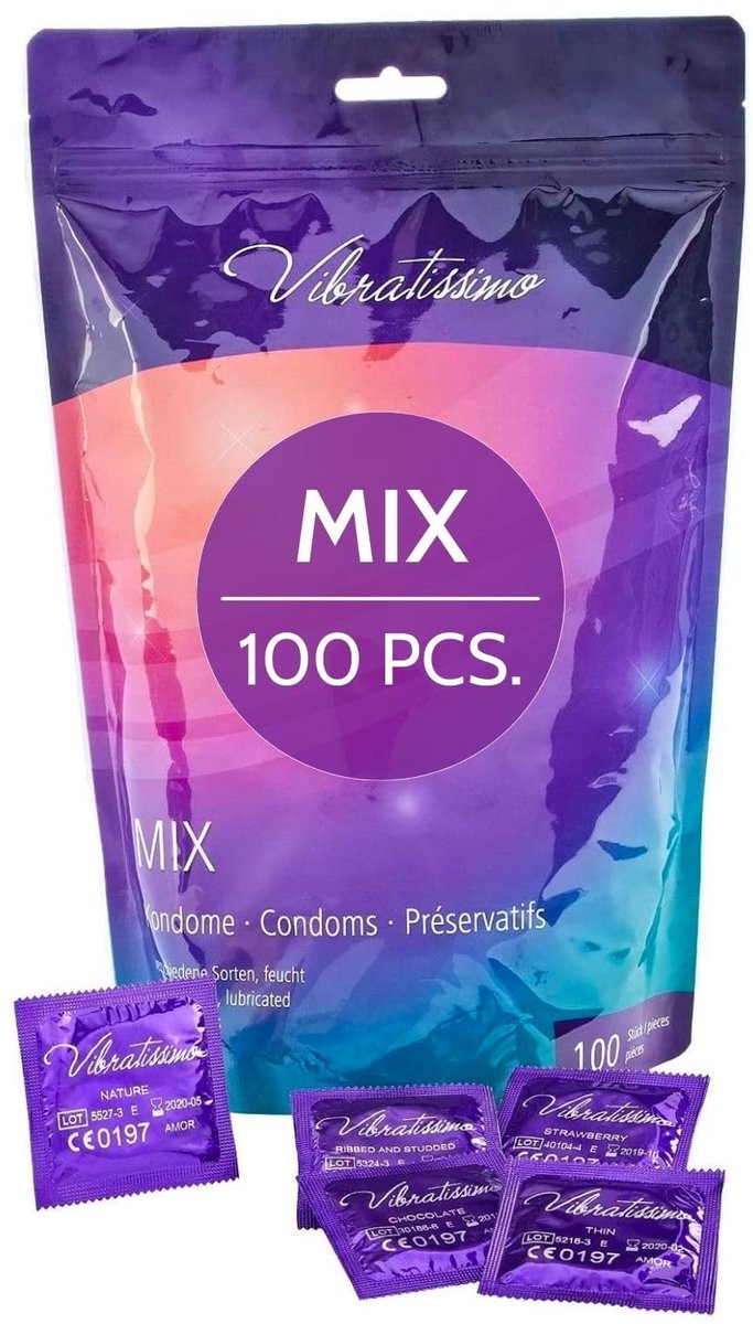 VIBRATISSIMO condooms Mix 100-pack gemengd I authentiek gevoel en extra nat I Condooms voor mannen I Condoomverpakking dunne wanddikte en gearomatiseerd I Condooms met subtiele ribbels en nopjes