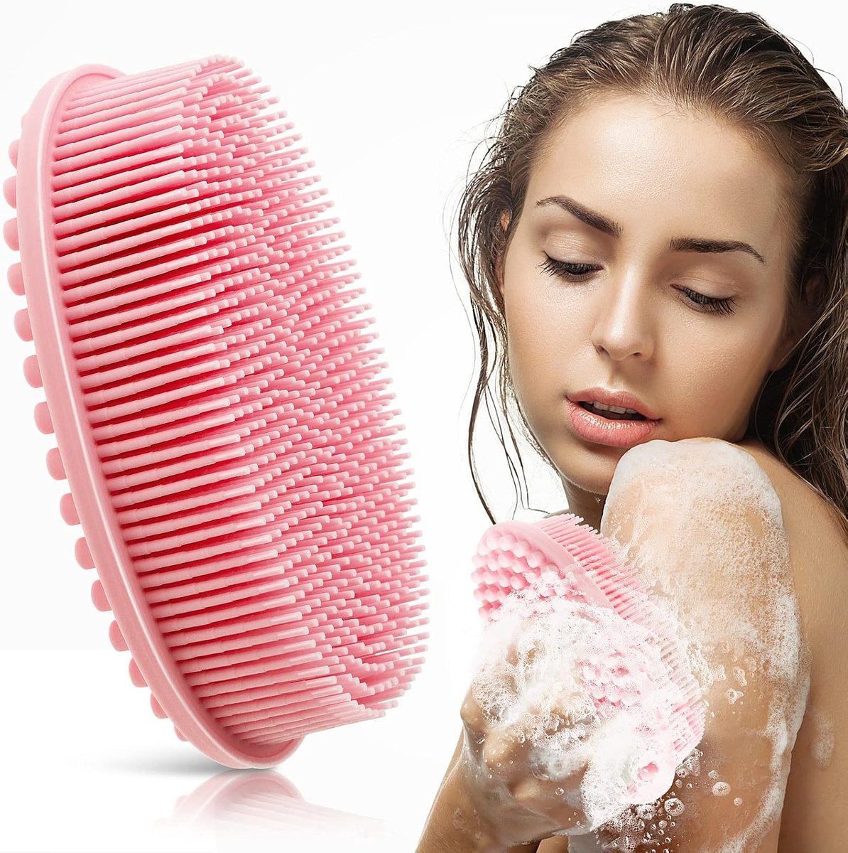 SnelShoppen - Cobee Siliconen Badborstel - Zachte Lichaamsscrubber Exfoliërende Douche-Borstel 2-in-1 Shampooborstel voor Vrouwen en Mannen - Roze - V