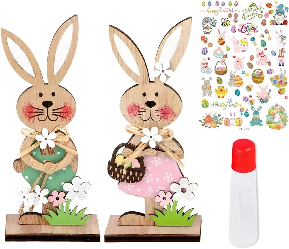 2 Stuks Paasdecoraties, Diy-Decoratie In De Vorm Van Een Konijn, Voor Binnen, Tuinen, Met Lijm 50 Ml, Cadeautjes Voor Jongens En Meisjes