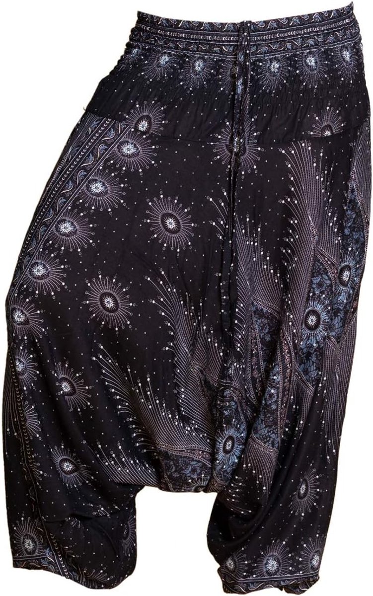Harembroek unisex - Aladdinbroek & Jumpsuit 2-in-1-2 lengtes | 100% viscose, brede tailleband, pauwoogprint, maten L & XL, tot 2 m, Goa-broek voor yoga & vrije tijd