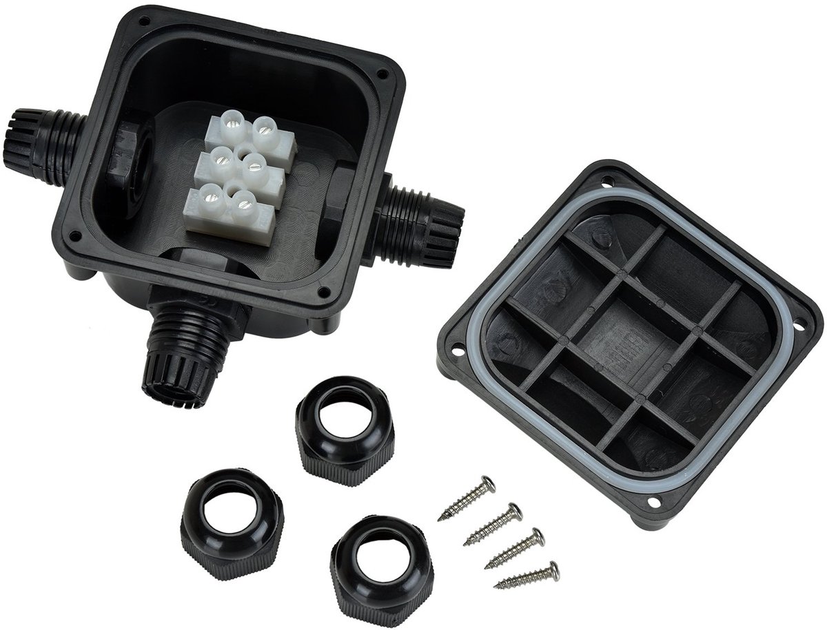 Waterdichte aansluitdoos, kabelmof, waterdichte verbindingsdoos, verdeeldoos, aardkabel, IP68, 230 V, zwart
