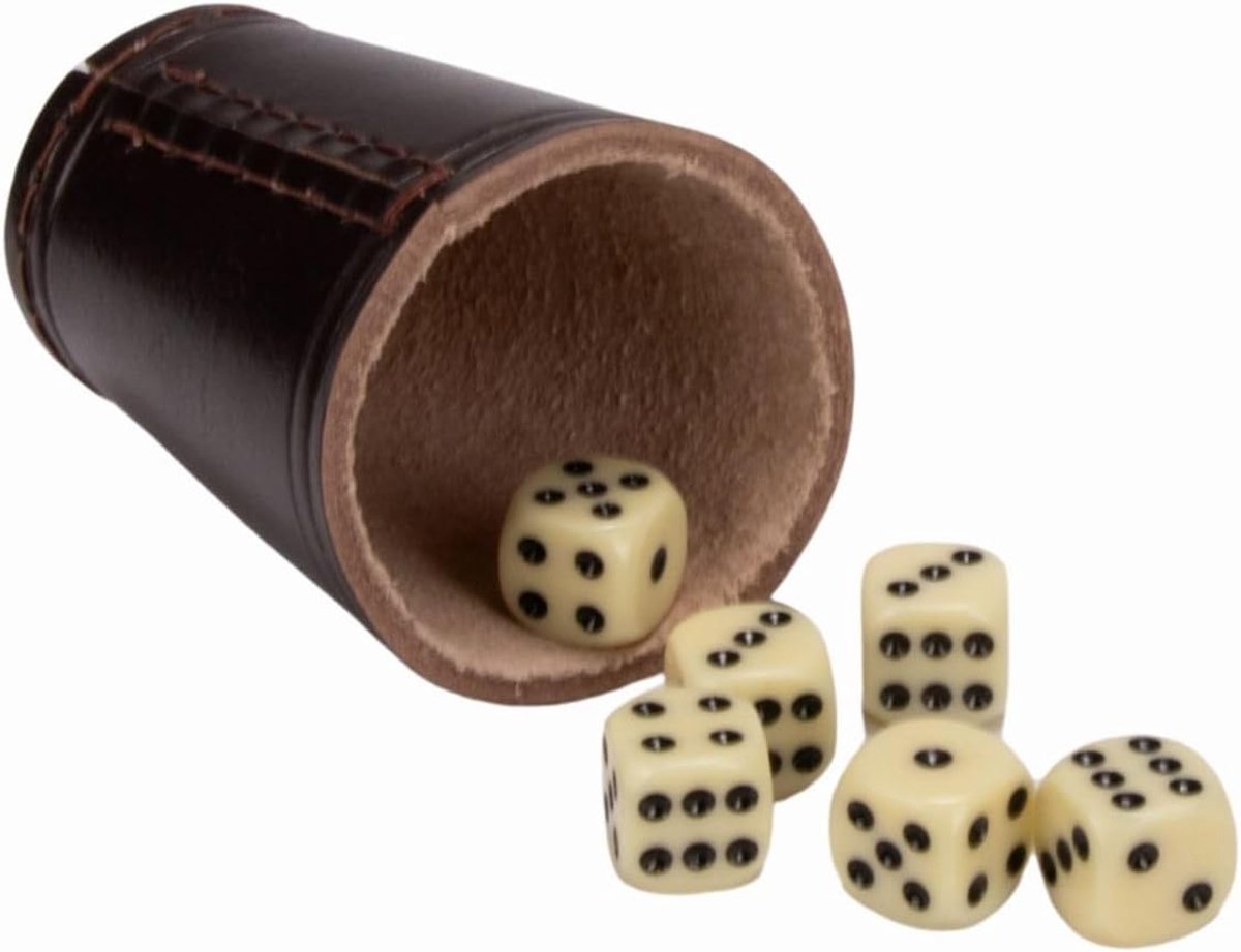 Dobbelstenen set, echt leer, standaard, 9 cm, bruin, met 6 dobbelstenen, 5905