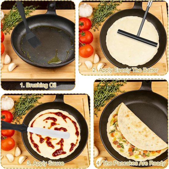 4 stuks pannenkoekenspreider, 12 x 20 cm, T-vorm, handvat, ratel, crêpe, roestvrij staal, voor pannenkoeken, pannenkoeken of maïskoekjes, vaatwasmachinebestendig — afbeelding 5