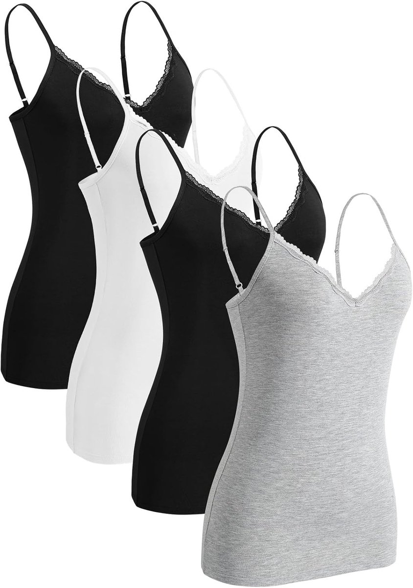 Kanten onderhemd voor dames, spaghettibandjes, tanktop, verstelbare V-hals, onderhemden, verpakking van 4 stuks