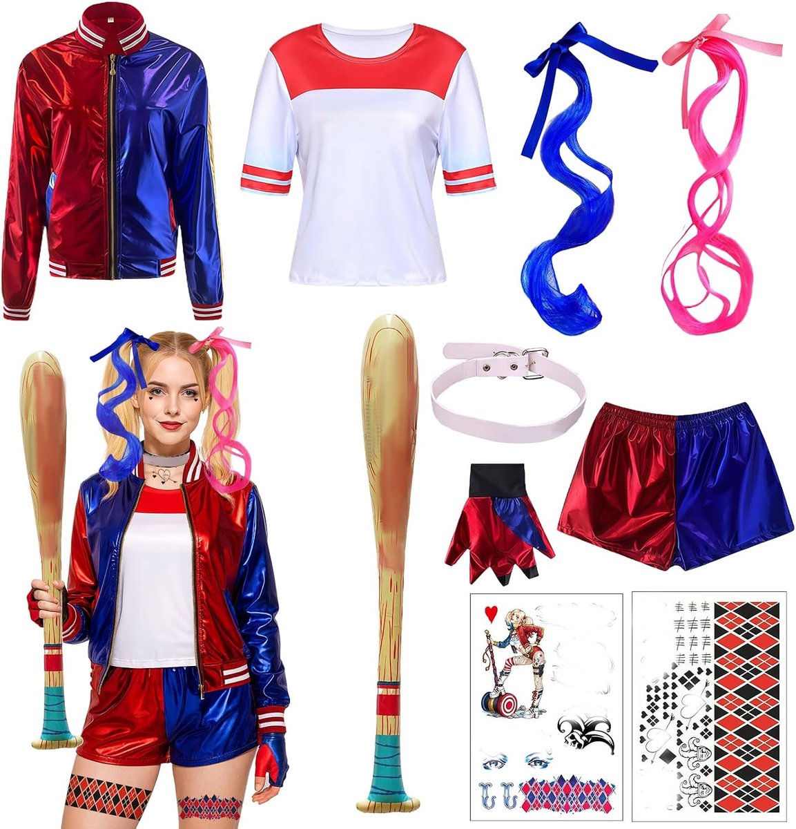 Quinn-kostuum voor volwassen vrouwen, Quinn outfit clownkostuums met jas T-shirt shorts handschoenen honkbalknuppel, Halloween schurkenkostuum voor cosplay, carnaval, carnaval