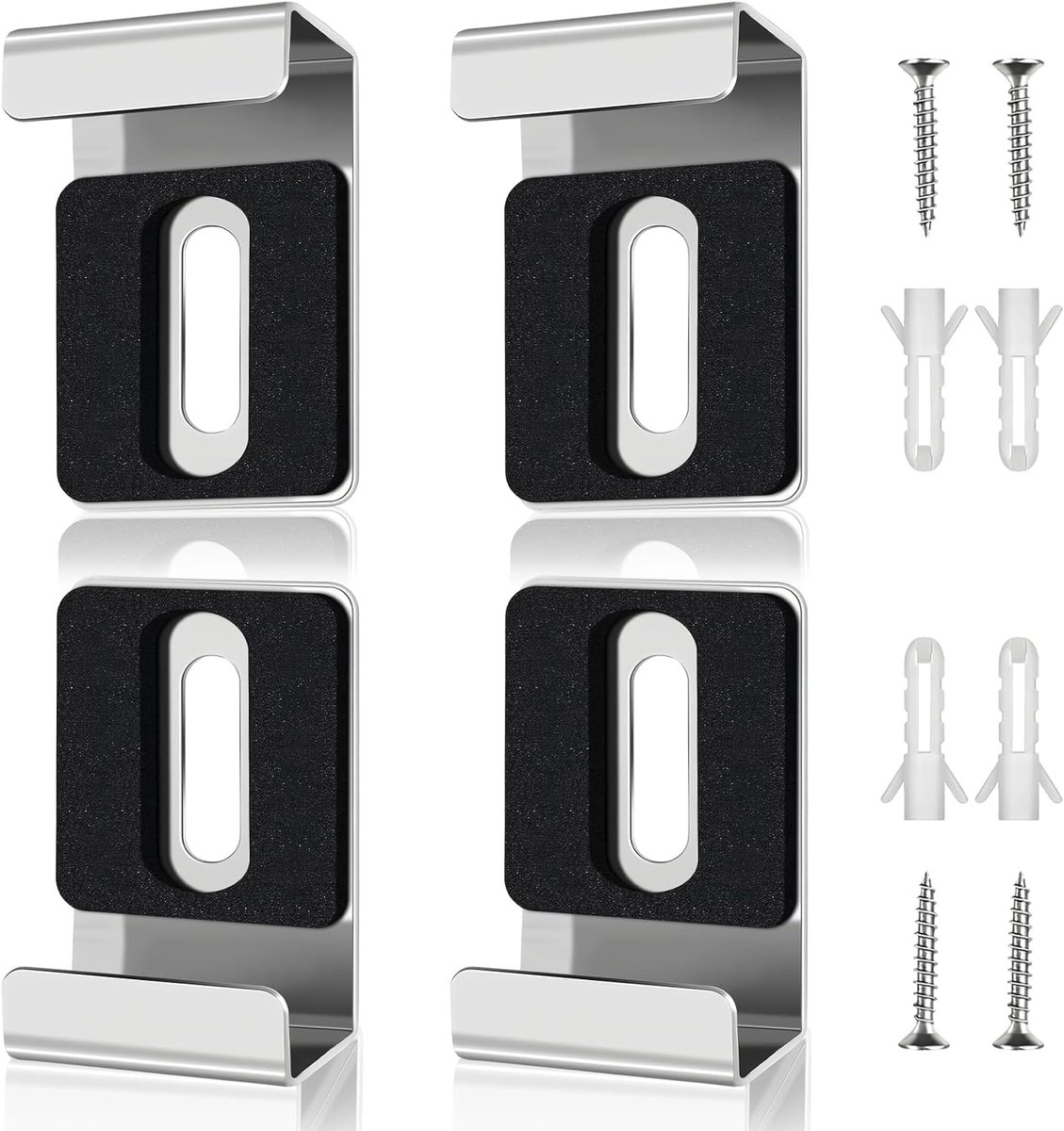 4 stuks spiegelhouders voor aan de muur, breedte enkele boring, zilveren spiegelbevestiging, met schroeven en pluggen, voor spiegels met een dikte van 17-19 mm