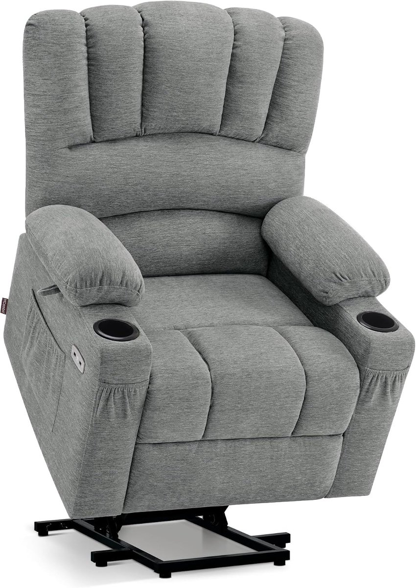 MCombo Elektrische televisiestoel met opstahulp, relaxstoel met ligfunctie, massagestoel met warmtefunctie, voor senioren en woonkamer, 7102 (Stof, Grijs)