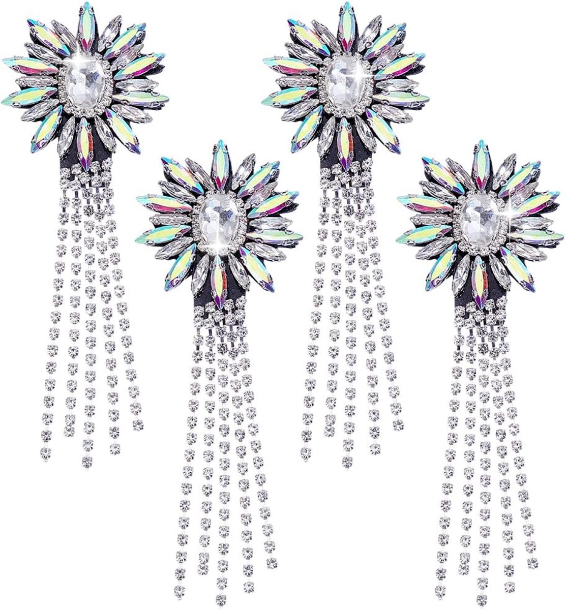 4Pcs Strass Crystal Applique Zonnebloem Kralen Borduurwerk Crystal Franje Schouder Epaulette Kwastje Ketting Naaien Applique Patches Voor Jeans Jassen Kleding Handtas Naaien Accessoires
