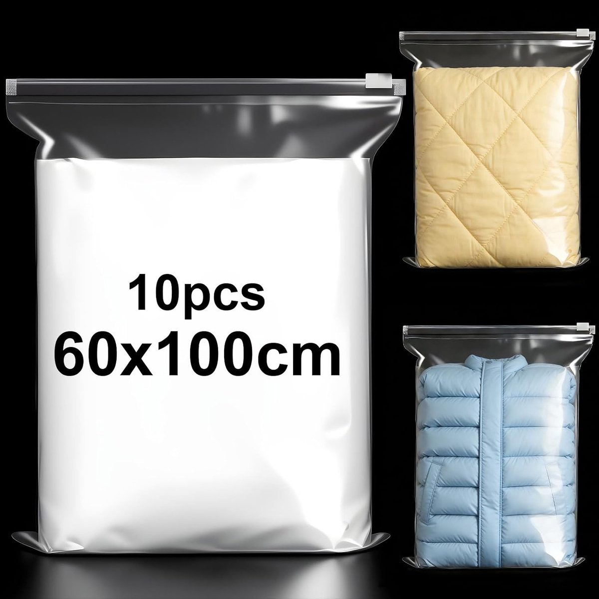 10 stuks zakken met ritssluiting, transparant, 60 x 100 cm, kunststof, hersluitbaar, waterdicht, ademend, opbergtas, koffer, voor kleding, beddengoed, dekens