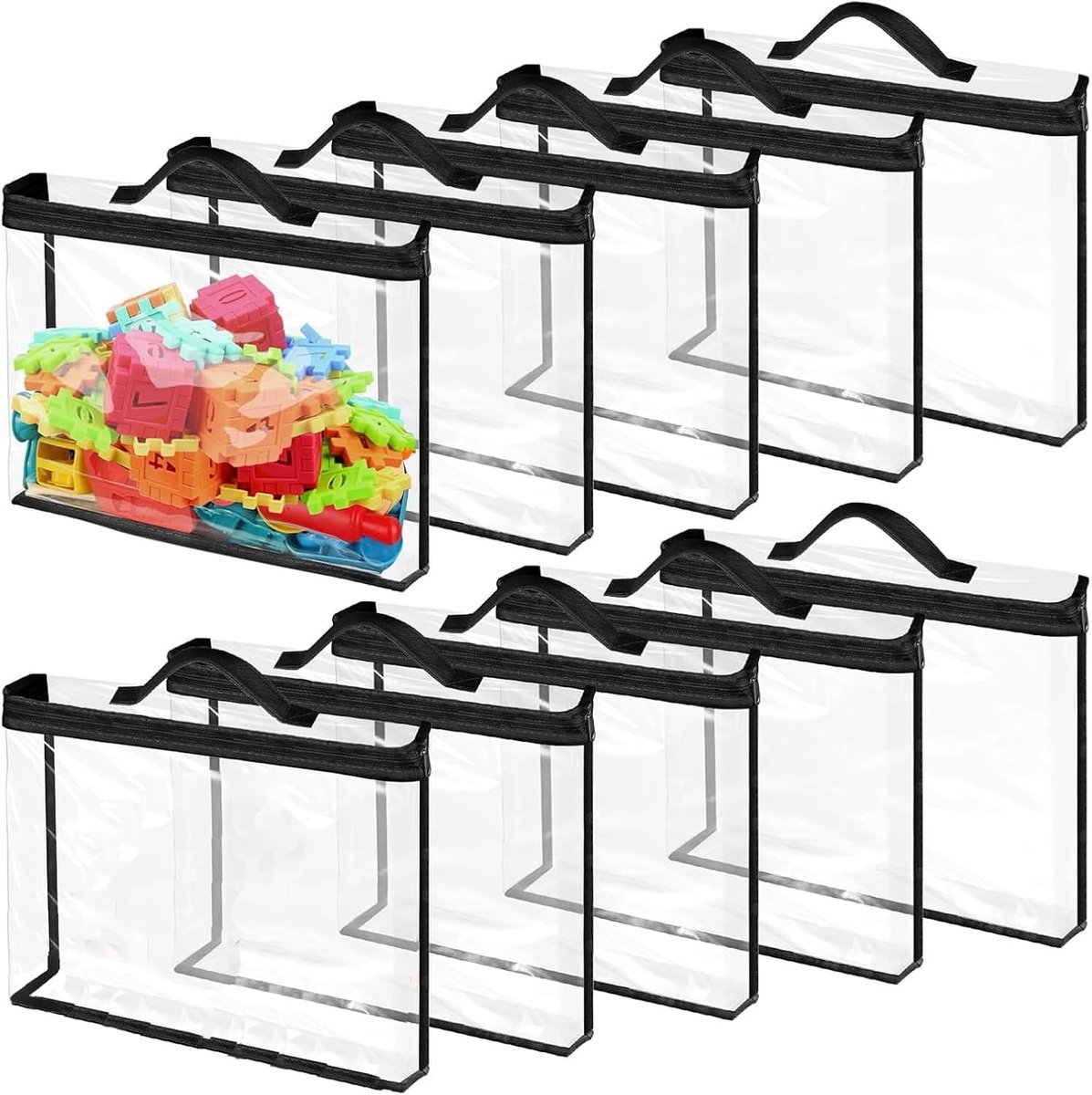 opbergtassen, 10 stuks, 40 x 30 x 10 cm, grote pvc-opbergzakken voor speelgoed, waterdichte transparante opbergvakken met ritssluiting en draagbare handheld