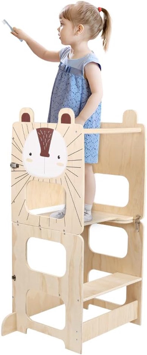 3-in-1 leertoren, leertoren voor kinderen, Montessori observatietoren van hout, antislip oppervlak, tafel en stoel voor kinderen (egel)