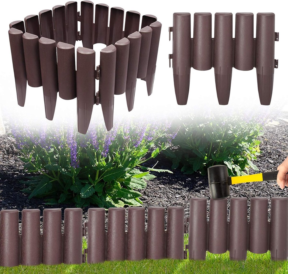 Bedomranding, flexibele houtlook, tuinpalissade 5,6 m, PP bloembedomrandingen maaikand voor tuinhek, decoratief, L 28 x H 24 cm, 20 stuks, bruin