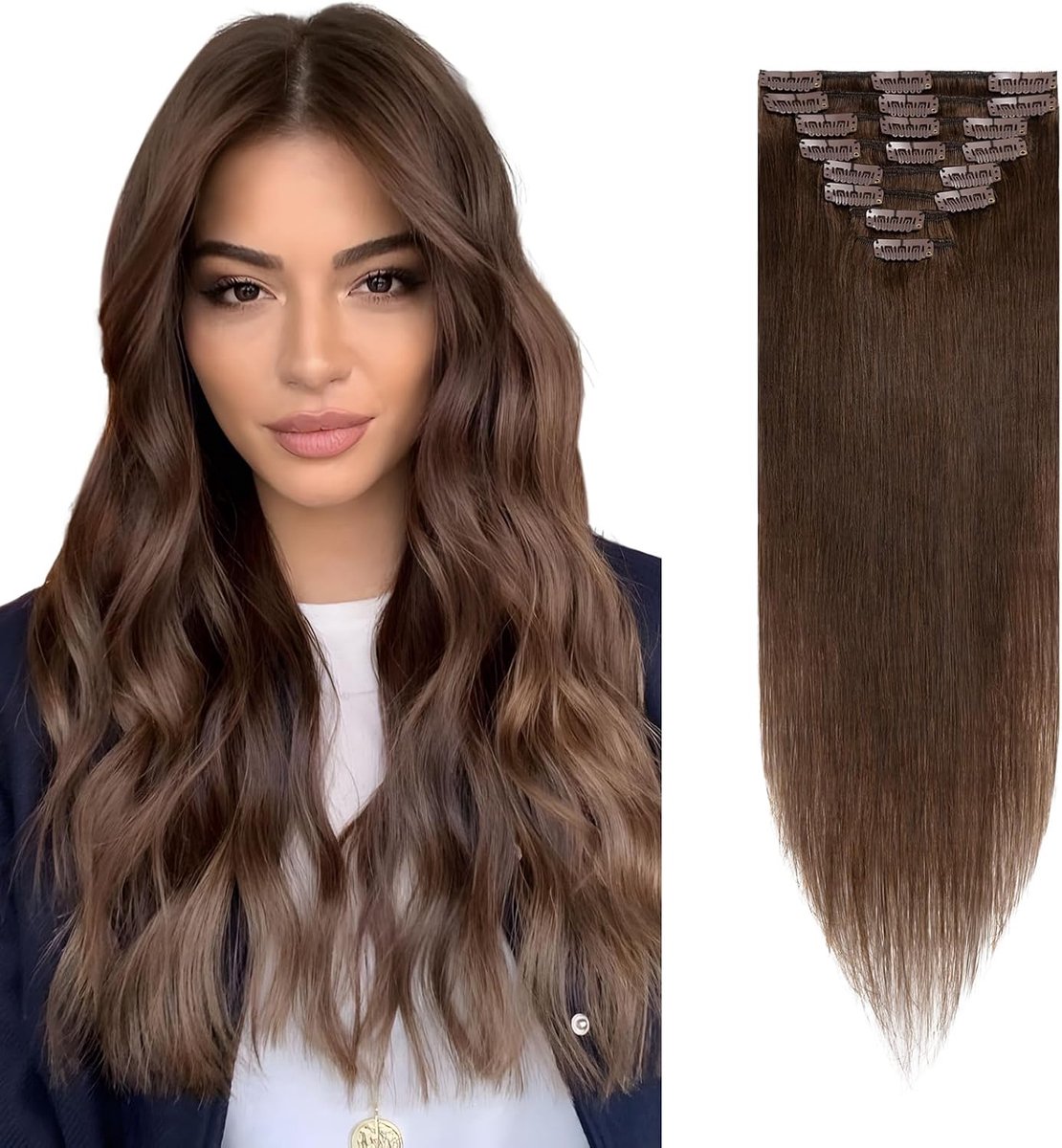 Choices Clip-in extensies, echt haar, 8 stuks, clip-extensions, 20 cm, #4 middenbruin, haarverlenging, echt Remy-haar, zijdeachtig, steil, onzichtbare clip-in haarextensies, natuurlijk, dunne