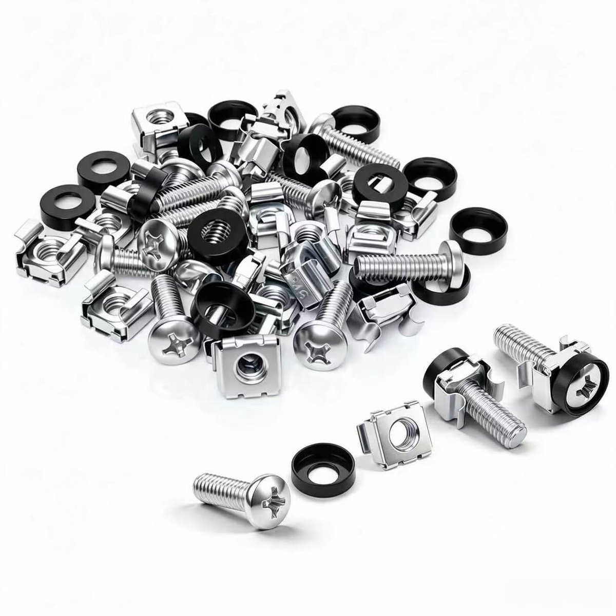 Kooimoeren (zilver) – inclusief kooimoer, sluitringen en M6 schroeven. 30 sets schroeven en kooimoeren van staal, voor 10 inch en 19 inch server