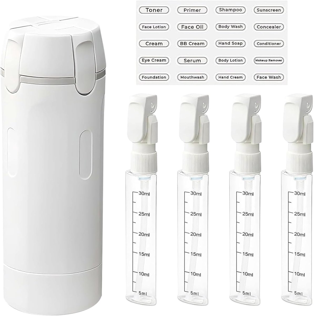 4-in-1 navulbare reisdispenserflessen, reisflessen om te vullen, reisdispenser met schaal en etiket, herbruikbare reisgadgets, dispenserflessen voor shampoo, lotion, douchegel, spoeling (wit)