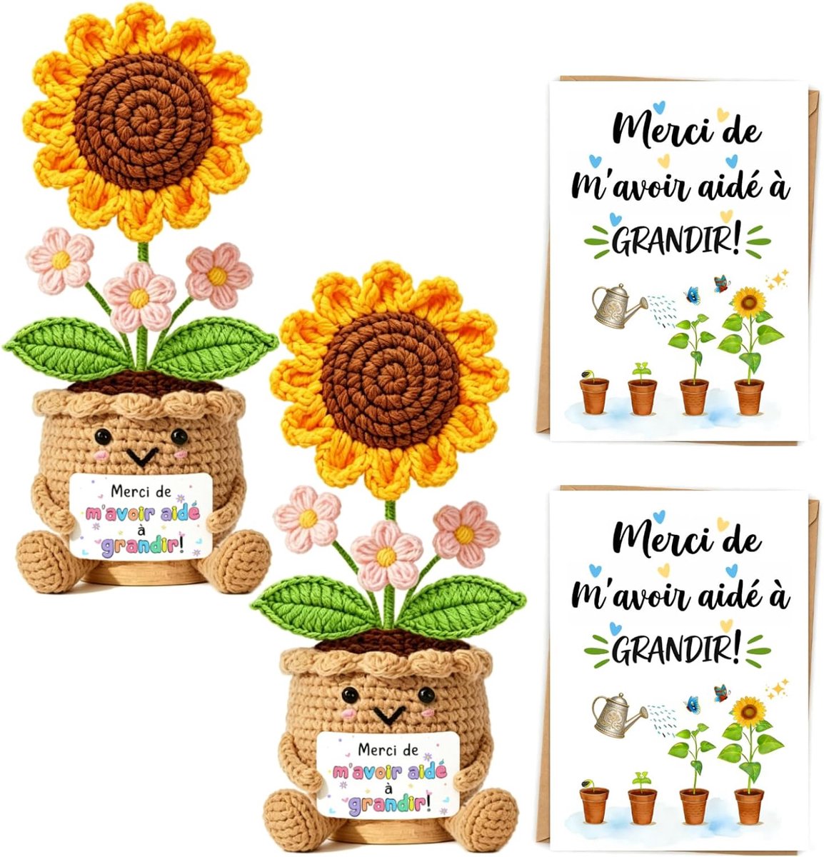 2 stuks cadeau voor lerares, bedankt, gehaakte zonnebloem + bedankkaart, eeuwige bloem voor leraren, opvoeders, kleuterschool, einde van het schooljaar