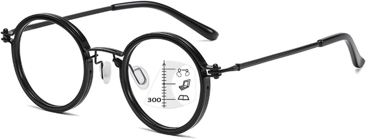 Leesbril, glijbril, voor dames en heren, rond, retro, progressief, multifocus, ronde leeshulp, zichthulp met blauw lichtfilter