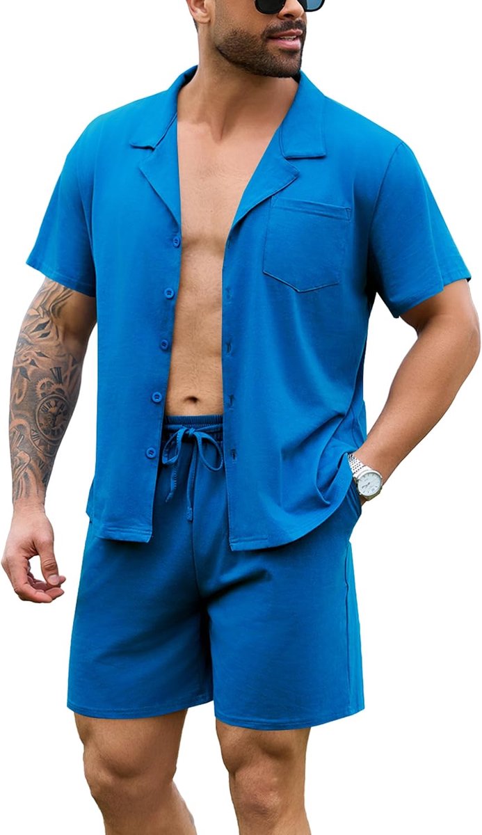 Herenpyjama-set met korte mouwen, geruite pyjama's, katoen, geruite loungewear, top en broek, 2-delige nachtkleding, nachtkleding klassiek met zakken