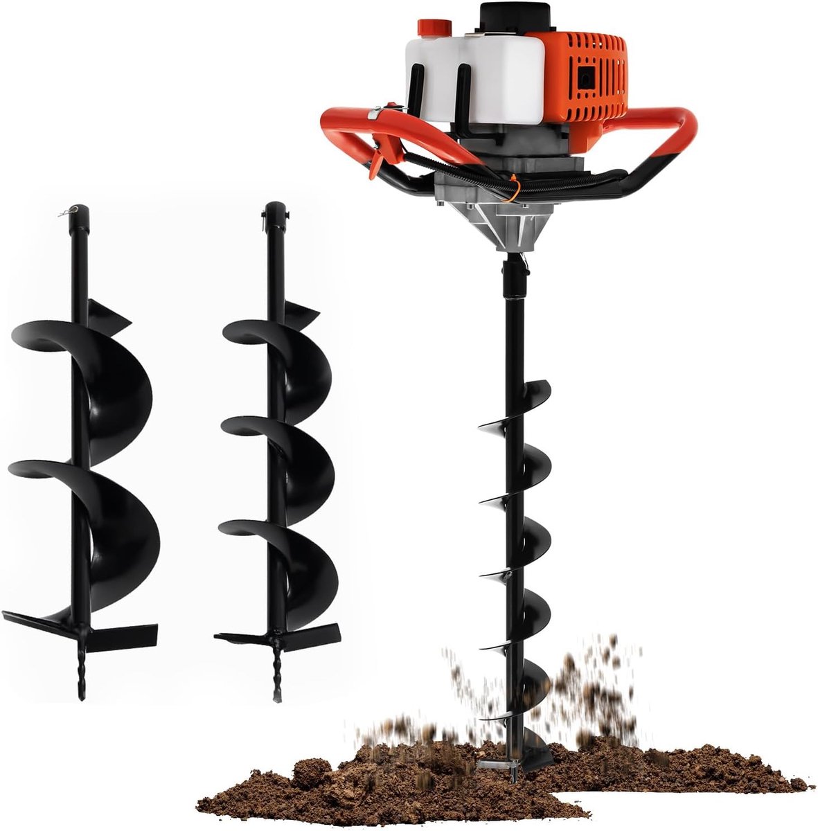 52CC 2-takt benzine grondboor, benzine grondboor met 3 boordiameters (4 inch, 6 inch en 8 inch) benzine paalboor, handheld, boordiepte 80 cm, grote capaciteit 1,9 kW, veiligheidsuitrusting