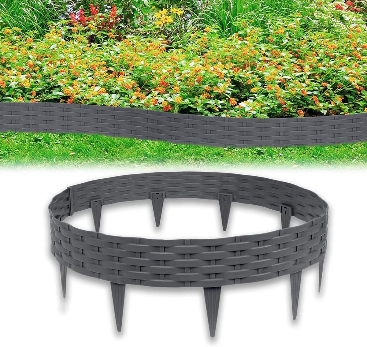 Gazonrand in rotan look, perkrand set, perkrandingen, kunststof gazonrandstenen, kunststof bloembed omheining, gazonbegrenzing, tuinpalissades (10 m = 10 stuks, antraciet)