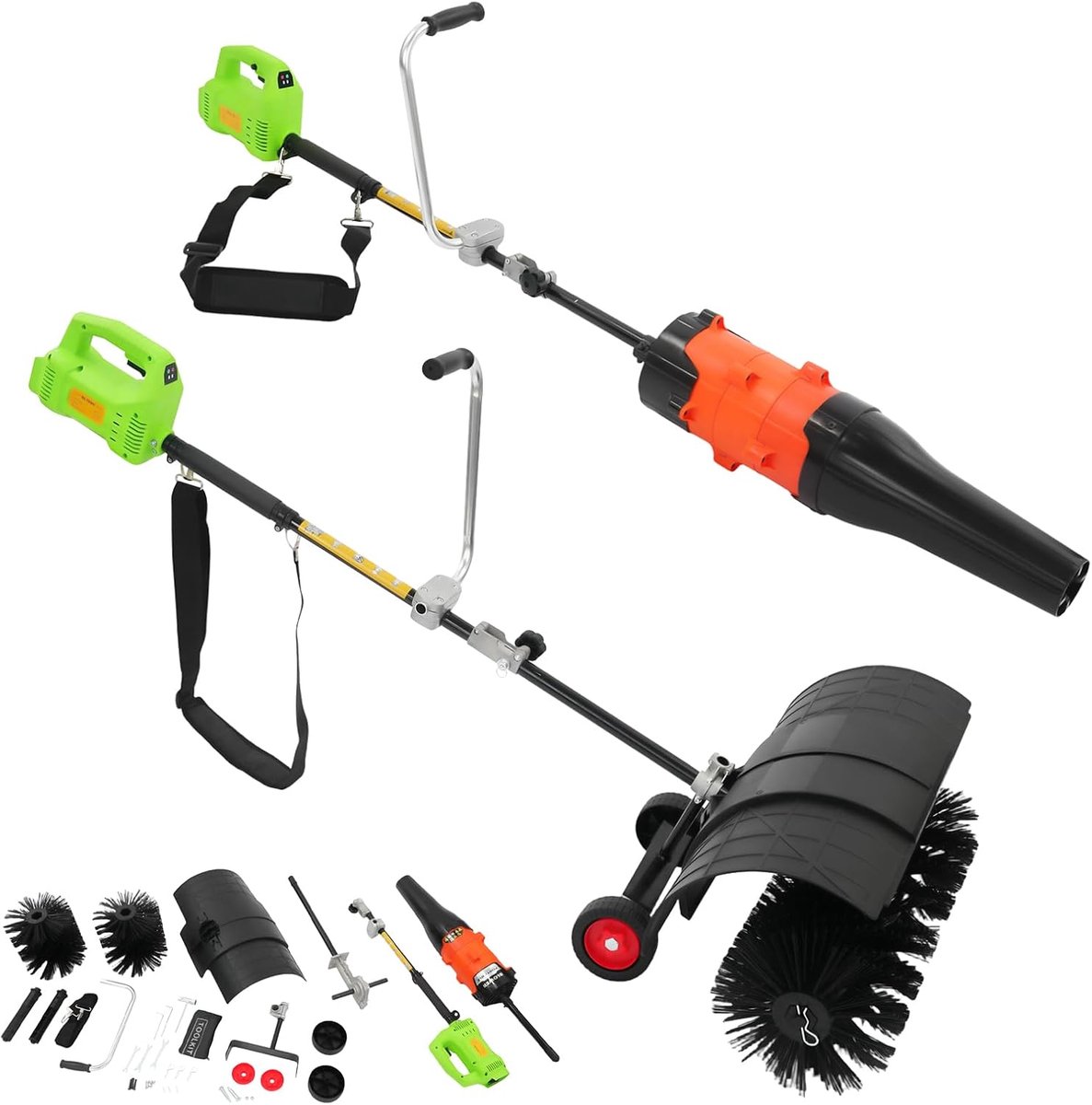 2-in-1 elektrische sneeuwblazer, handbediende elektrische sneeuwblazer en veegmachine, elektrische bladveger, buitenreiniger, draagbare motorbezem, sneeuwruimapparaat (zwart + groen + oranje)