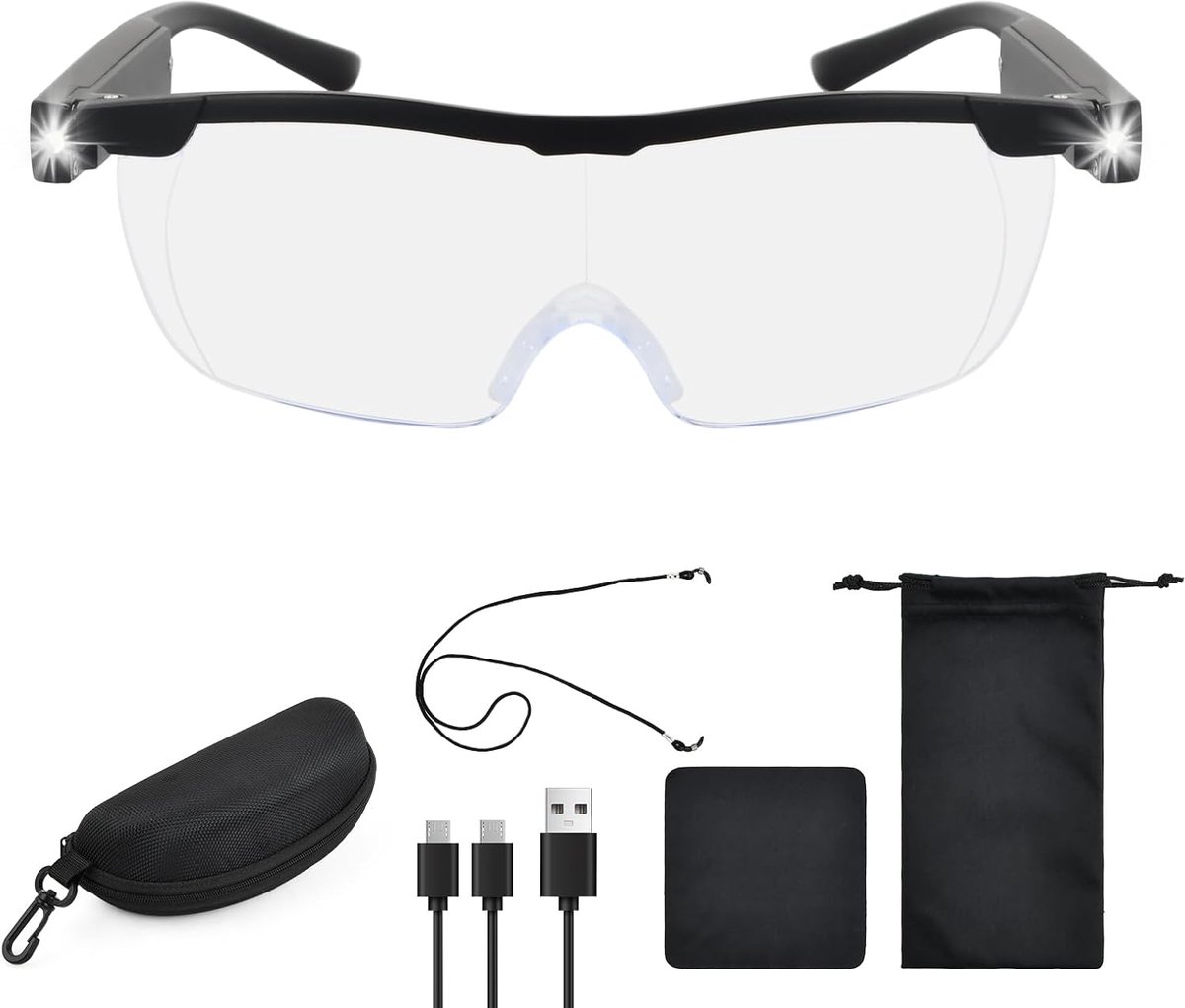 180% loepbril met licht, handsfree leesloep met licht, vergrotingsbril met brillenetui, loepbril voor brildragers, USB-oplaadbaar, voor senioren, hobby's, lezen, handwerk