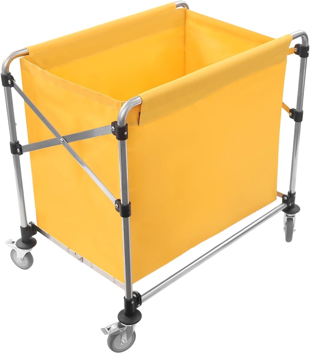 Opvouwbare waswagen, commerciële waswagen met wieltjes, wasmand van roestvrij staal met afneembare tas van Oxford-stof, 100 kg draagkracht, grote inhoud 90 x 60 x 88 cm (geel)