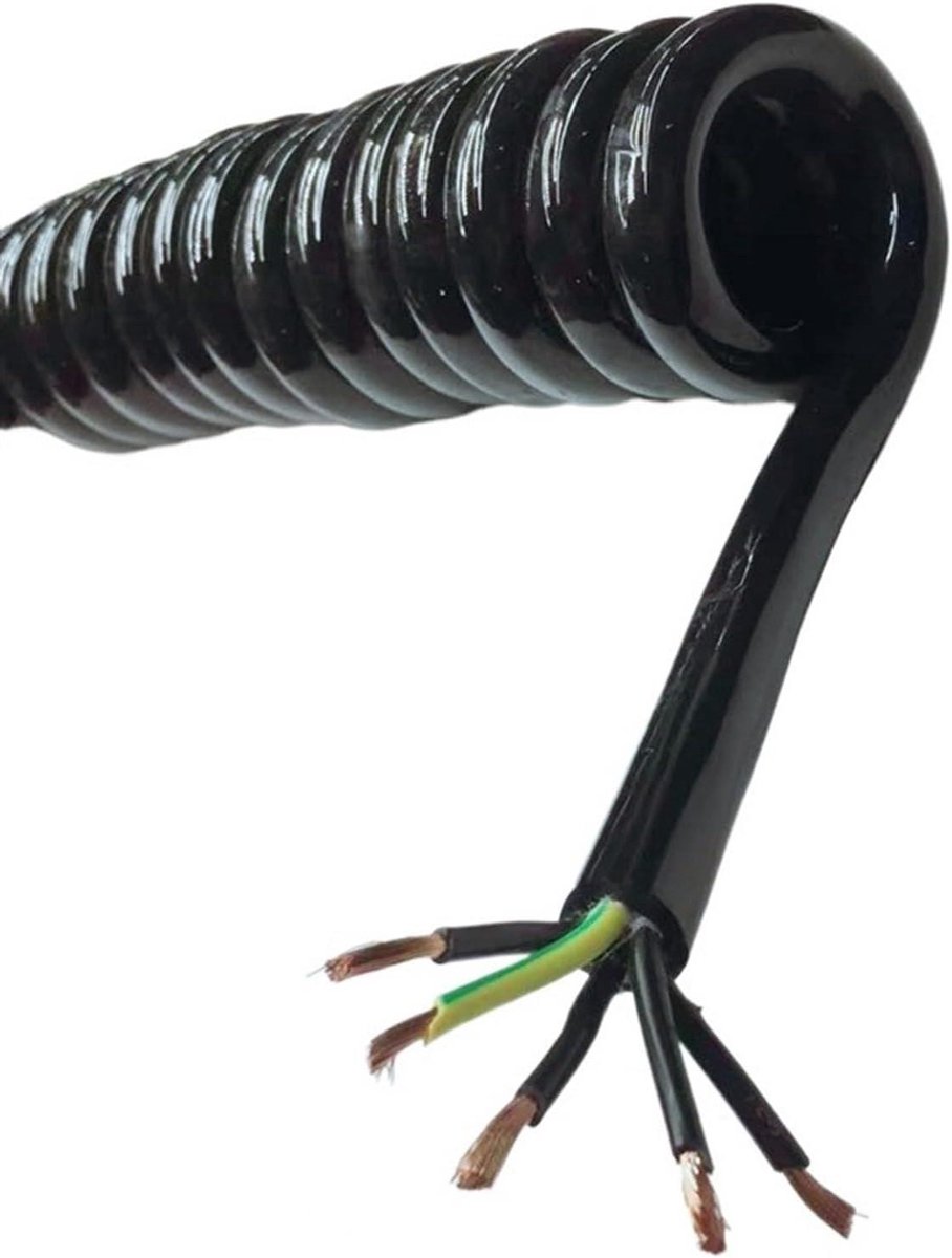 Verlengsnoer - Spiraalkabel Veerdraadkabel - Flexibele Stroomvoorziening - 5 Kern 13AWG - 1-15 Meter - Zwart