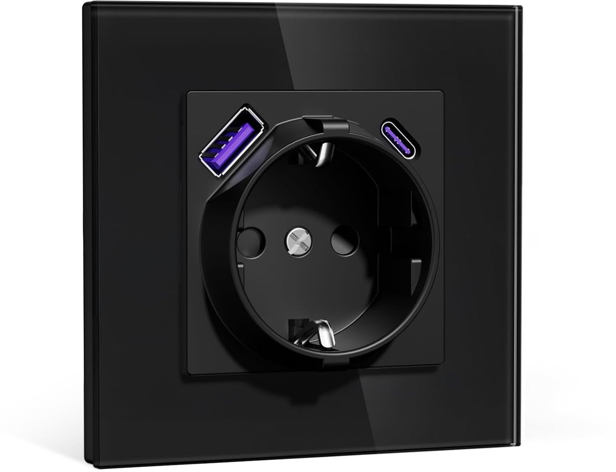 Stopcontact met USB/USB-C, Europese Schuko-normen, 86 x 86 mm, 1-gang 16 A, snel opladen van 20 W, glazen frame, eenvoudige installatie, zwart