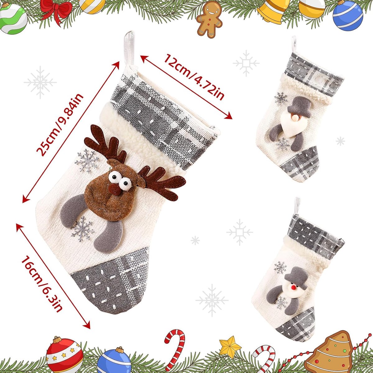 Kerstsokjes 3 stuks, kerstsokjes voor de open haard om op te hangen met kerstmannen, sneeuwmannen, rendieren, Kerstsok voor kinderen, Kerstsok, Kerstsokken, Kerstlaars om te vullen