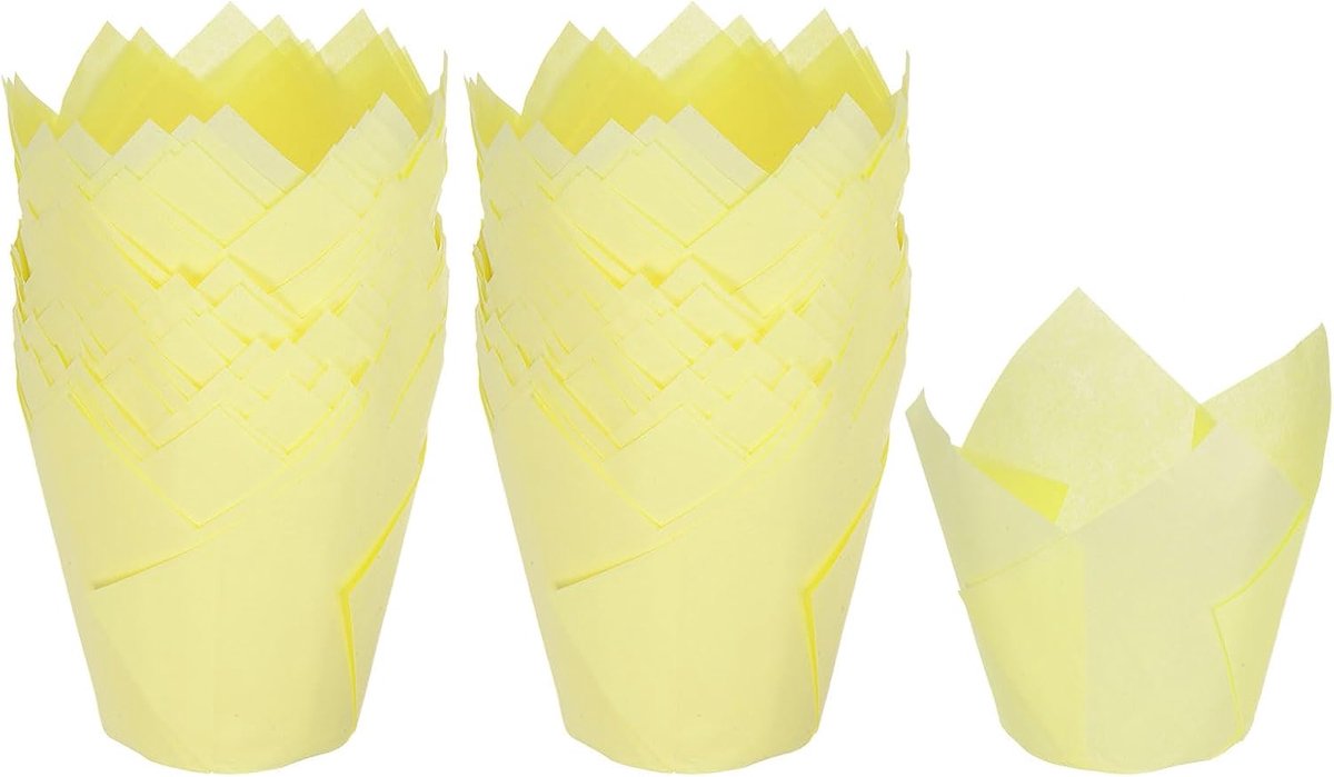 100 stuks cupcake-vormpjes in tulpenvorm, geolied, voor cupcakes, voor feest, bruiloft, verjaardag, lichtgeel