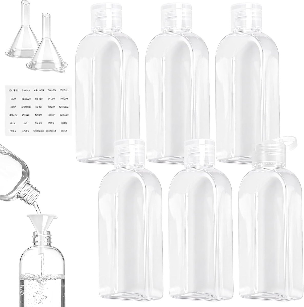 6 stuks shampooflessen om te vullen, 100 ml, vloeibare reisflessenset, transparante plastic flessen met flipdop, reisformaat, lege flessen voor shampoo, lotion, spoeling