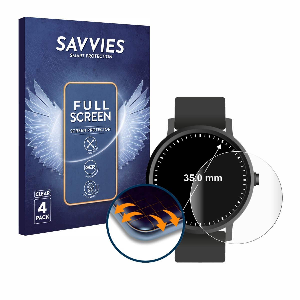 Savvies - Screenprotector voor Horloges (Rond, ø: 35 mm) - Folie Beschermfolie transparant volledig dekking 4 Stuks