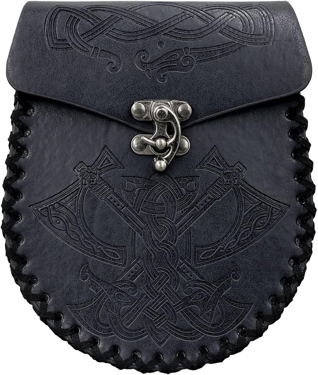 Embossed Belt Bag, Middeleeuwse Faux Leather Pouch, Zwarte Viking Renaissance Munttas, Vintage Pouch Bag voor Mannen LARP Halloween (De Bijl)