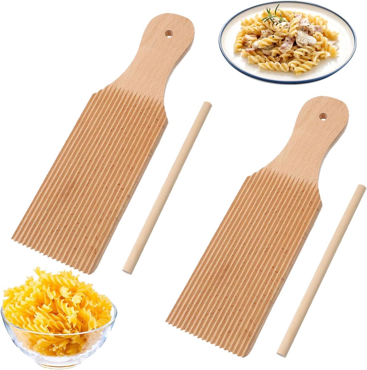 2 stuks pastaplanken, houten plank voor gnocchi, gnocchi-plank voor garganelis en met houten stokjes voor tortellini, pasta en macaroni