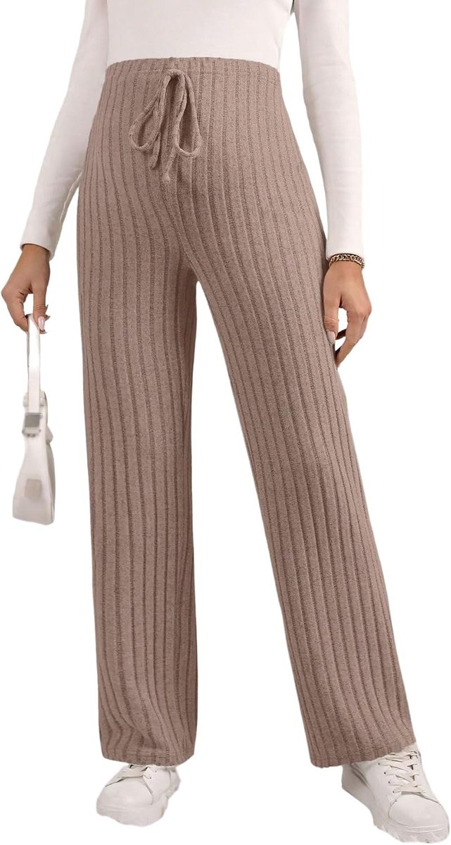 Damesbroek, comfortabele zwangerschapsbroek met strik, hoge elastische tailleband, rechte gebreide broek, effen, vrijetijdsbroek voor zwangere vrouwen