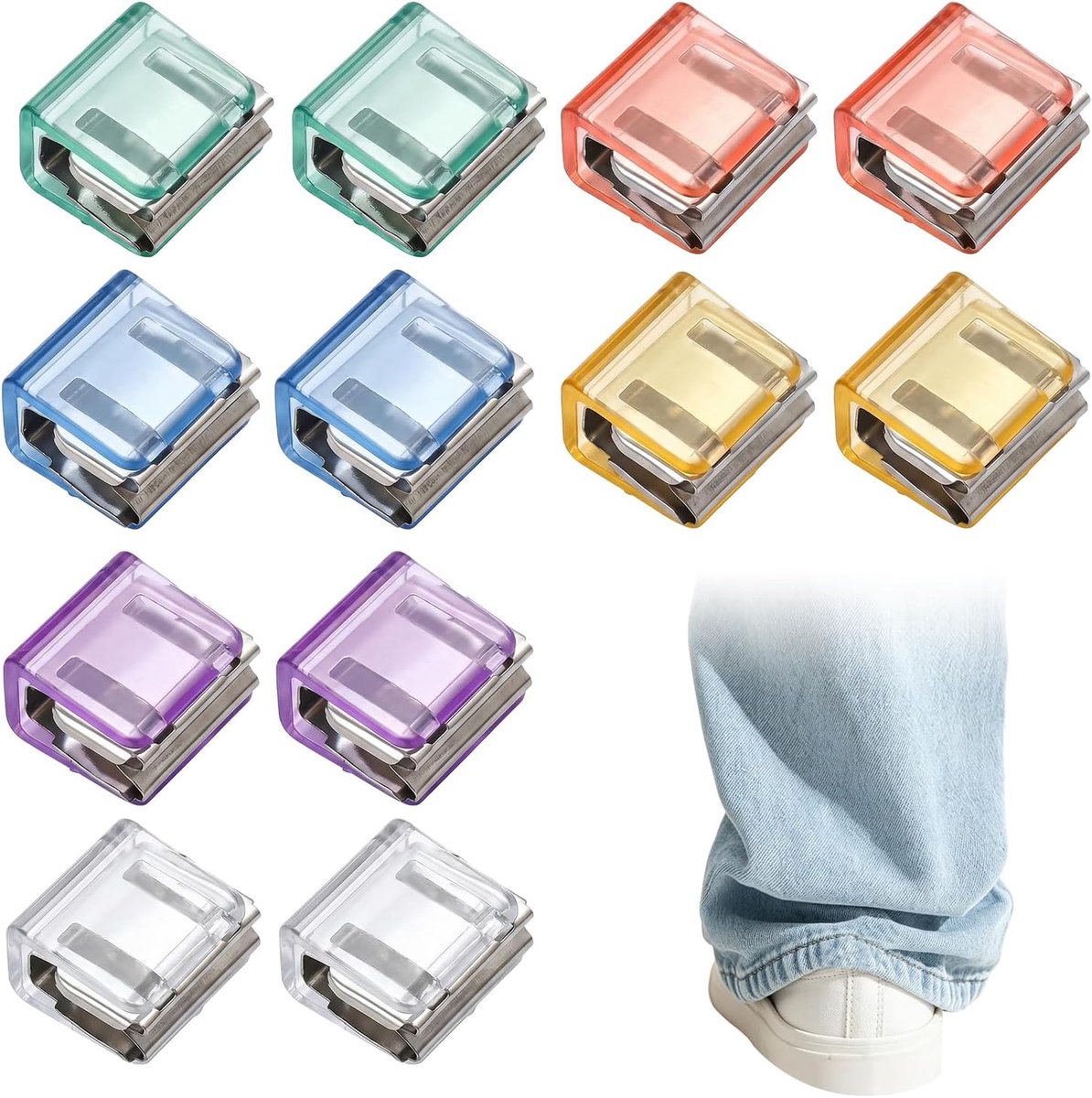 12-delige Broekklemmen Set, Verstelbaar, Transparant en Kleurrijk, Broekspijp Verkorter, Fietsklemmen voor Broeken, Naadloze Zoomclips voor Jeans en Pantalons