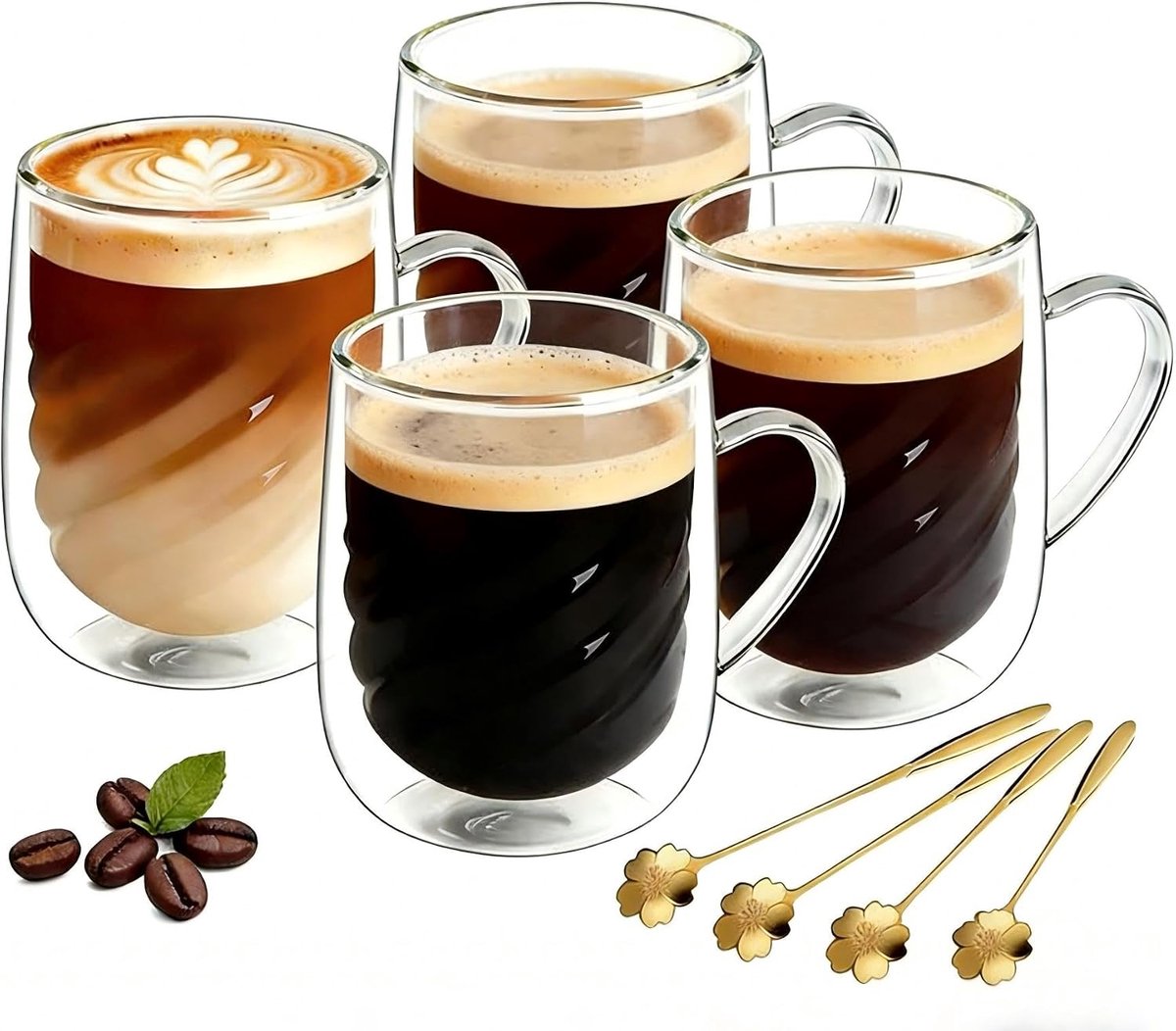 Koffieglazen 350 ml met spiraaldesign & handvat en lepels, latte macchiato-glazen, dubbelwandig voor warme en koude dranken zoals latte macchiato, cappuccino, thee, glazen (2)