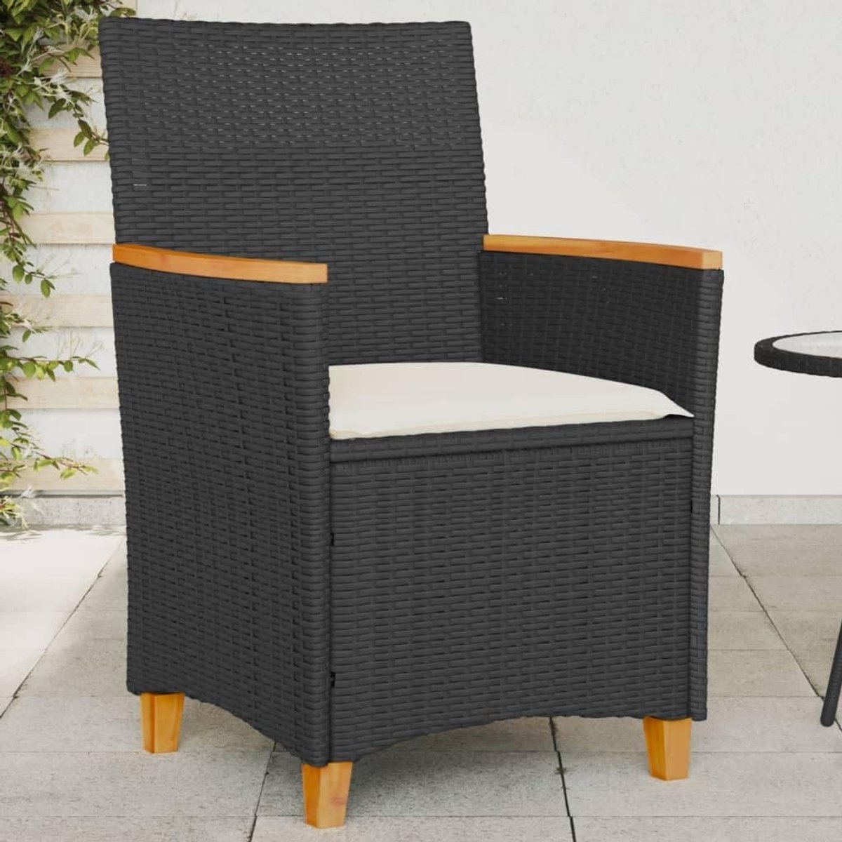 Tuinstoelen met kussen, 2 stuks, zwart, polyrotan, massief hout, balkonstoel, tuinstoel, balkonstoel, terrasstoel, tuinmeubelen, stoelen voor tuin, balkon, terras