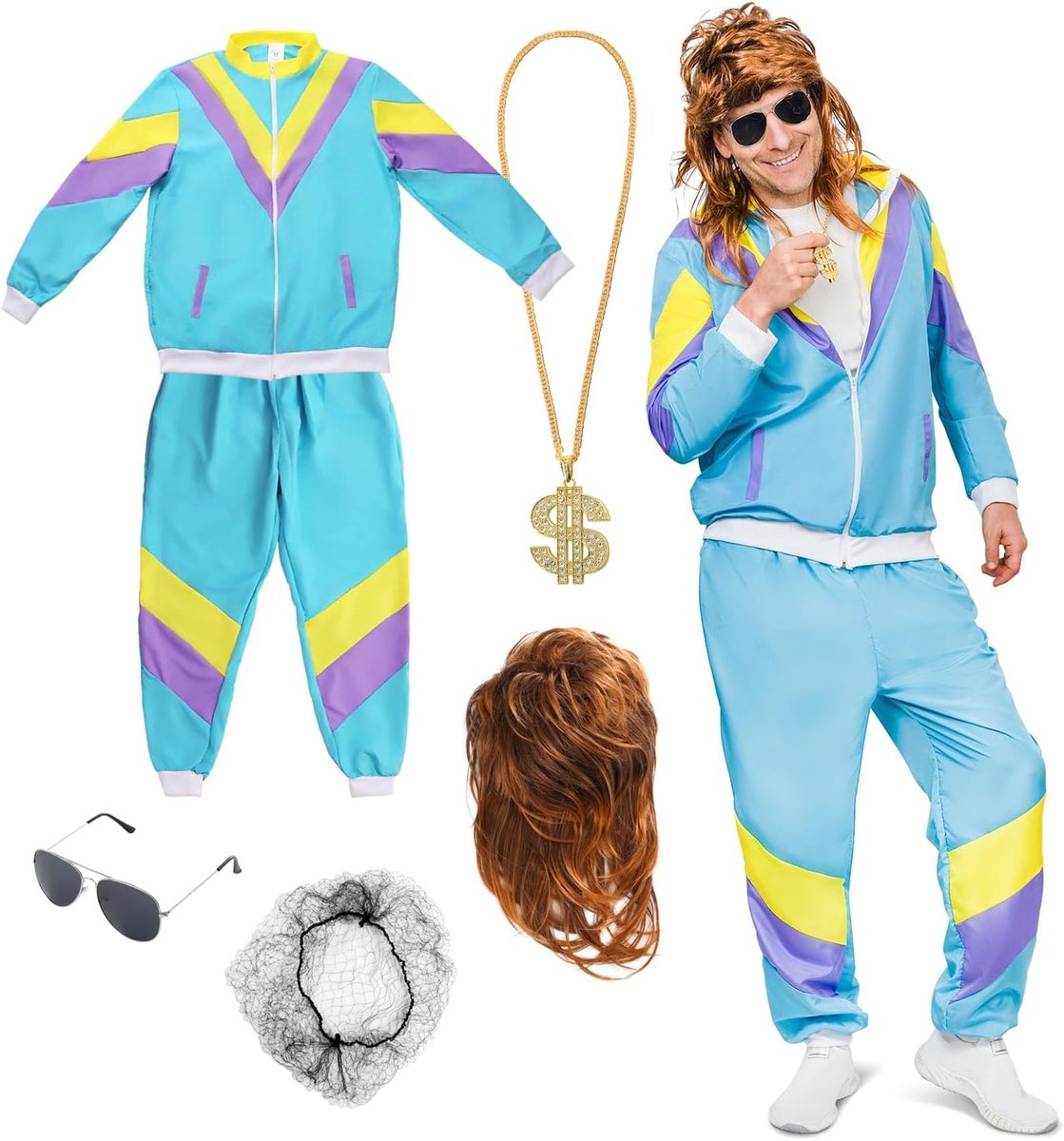 Jaren 80-kostuumset, uniseks trainingspak, Vokuhila-pruik, gouden ketting, bril en ring, jaren 80-outfit, carnaval en jaren 80-feest, jaren 80-retro jaren 90-kostuum voor carnaval en carnaval