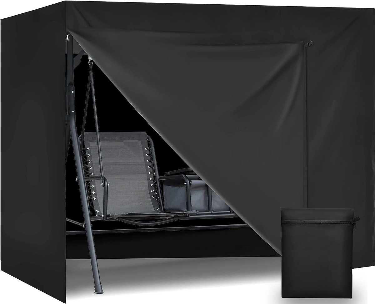 Afdekking voor schommelbank, 600D, waterdicht, 250 x 150 x 160 cm | zwart, waterdicht, uv-bestendig en scheurvast, met trekkoord, riem en ventilatie, voor 3-zitsschommels