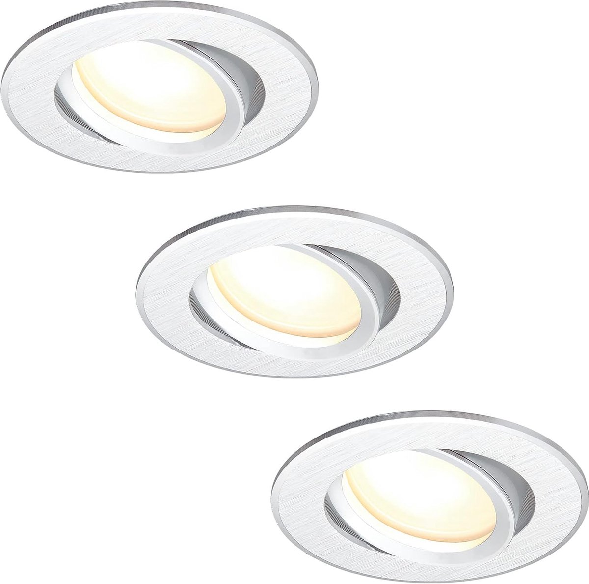 Platte dimbare LED-inbouwspots, set van 3, plat, 120°, 230 V, 3 W, warm wit, 3000 K, montagegat 68-75 mm, zilver, geborsteld, draaibaar, montagediepte 25 mm