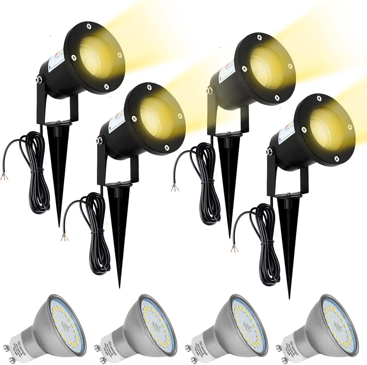 4x LED GU10 tuinspots set IP65 waterdicht draaibaar tuinlicht landschap 230V gazon licht met grondpen incl. 5W warm wit LED gloeilamp