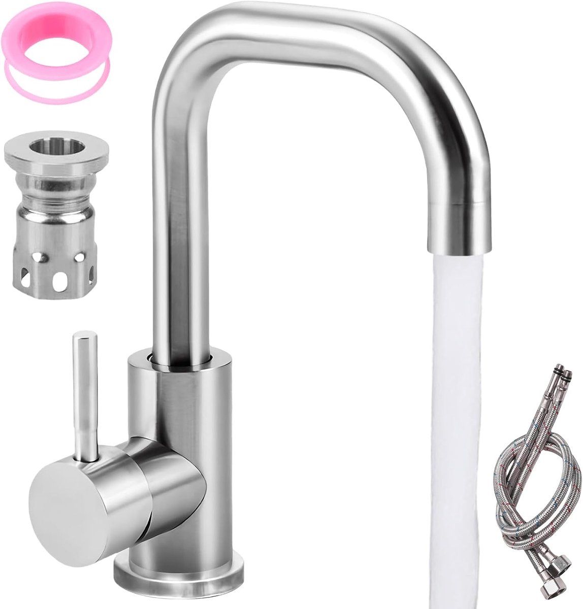 Kraan badkamer 360° draaibaar, roestvrij staal wastafelarmatuur met slang, kraan badkamer uitloophoogte 170 mm, warm koud waterkraan, keuken gootsteen voor badkamer/keuken (geborstelde kleur)