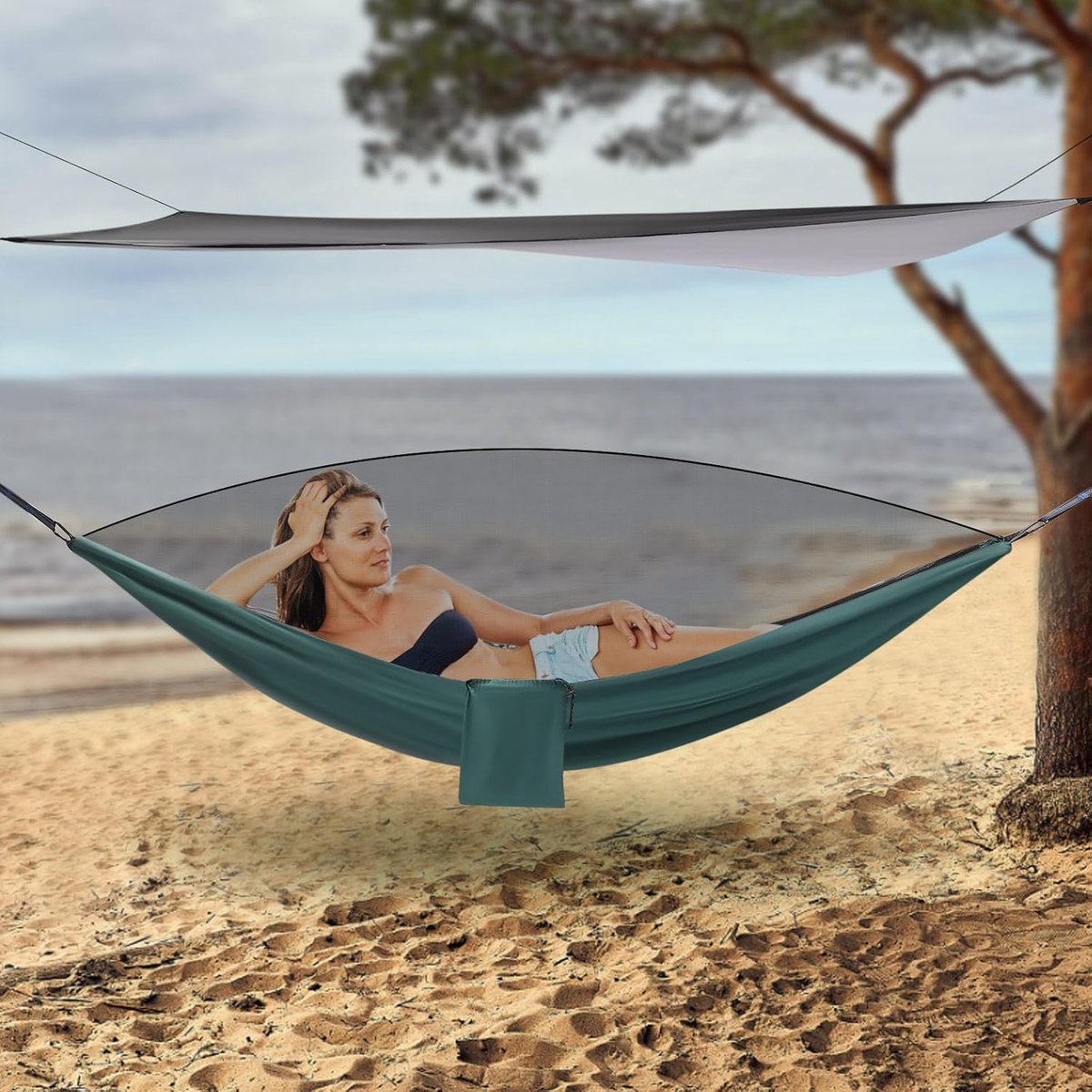 Hangmat outdoor camping hangmat reishangmat ultralichte hangmat met muggennet en regen vlieg tarp 290 x 140 cm hangmat zonder frame hangmatten voor backpacking reizen wandelen (C)