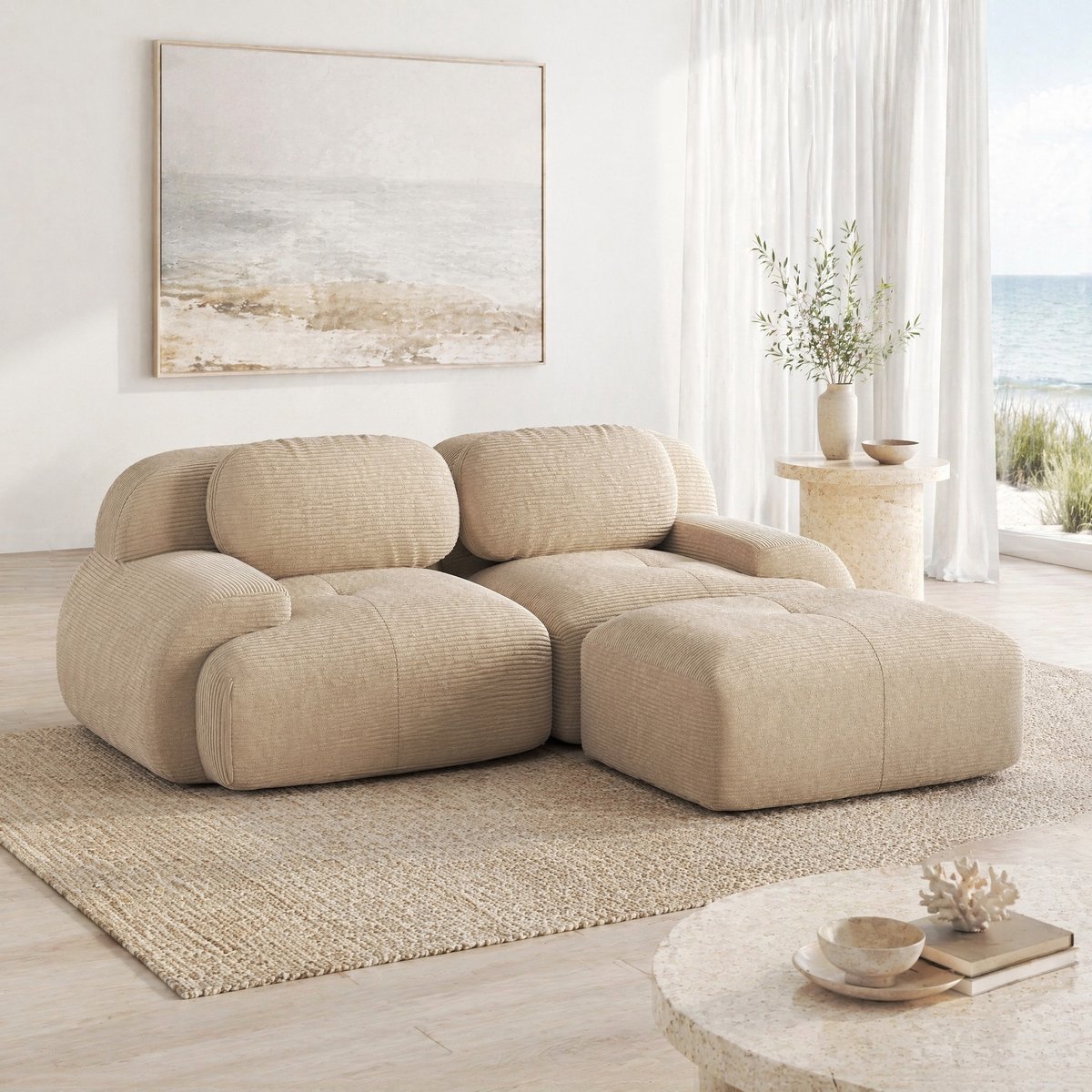 MEUNIQ modulaire hoekbank 208 x 178 x 70 cm, corduroy, gebogen armleuningen, zonder montage, beige voor woonkamer en ontspanningsruimte