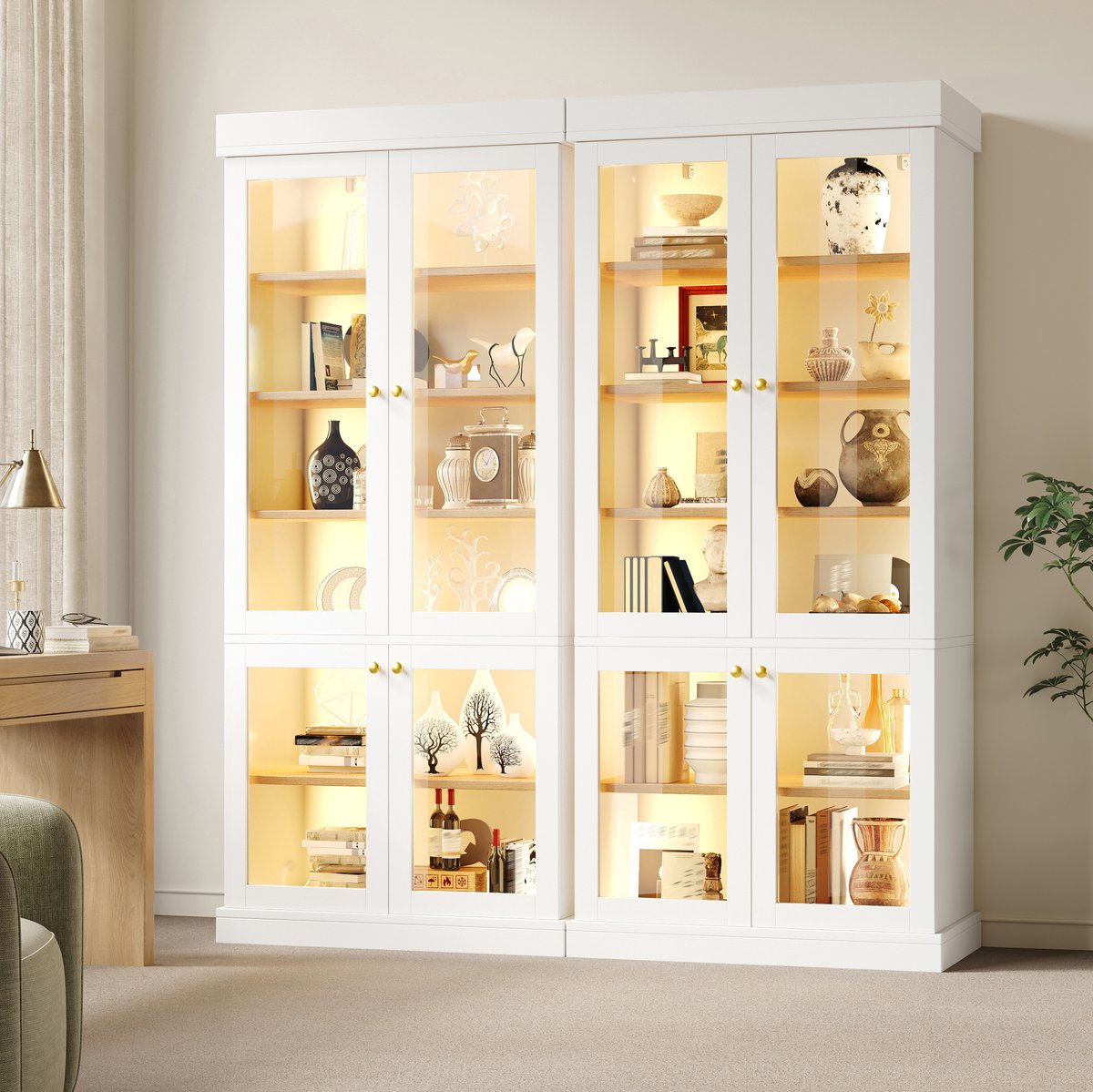 Vitrinekast - LED-Verlichting En Glasdeuren - Woonkamer En Slaapkamer - MDF Glas Metaal - Wit - 80x40x180 Cm